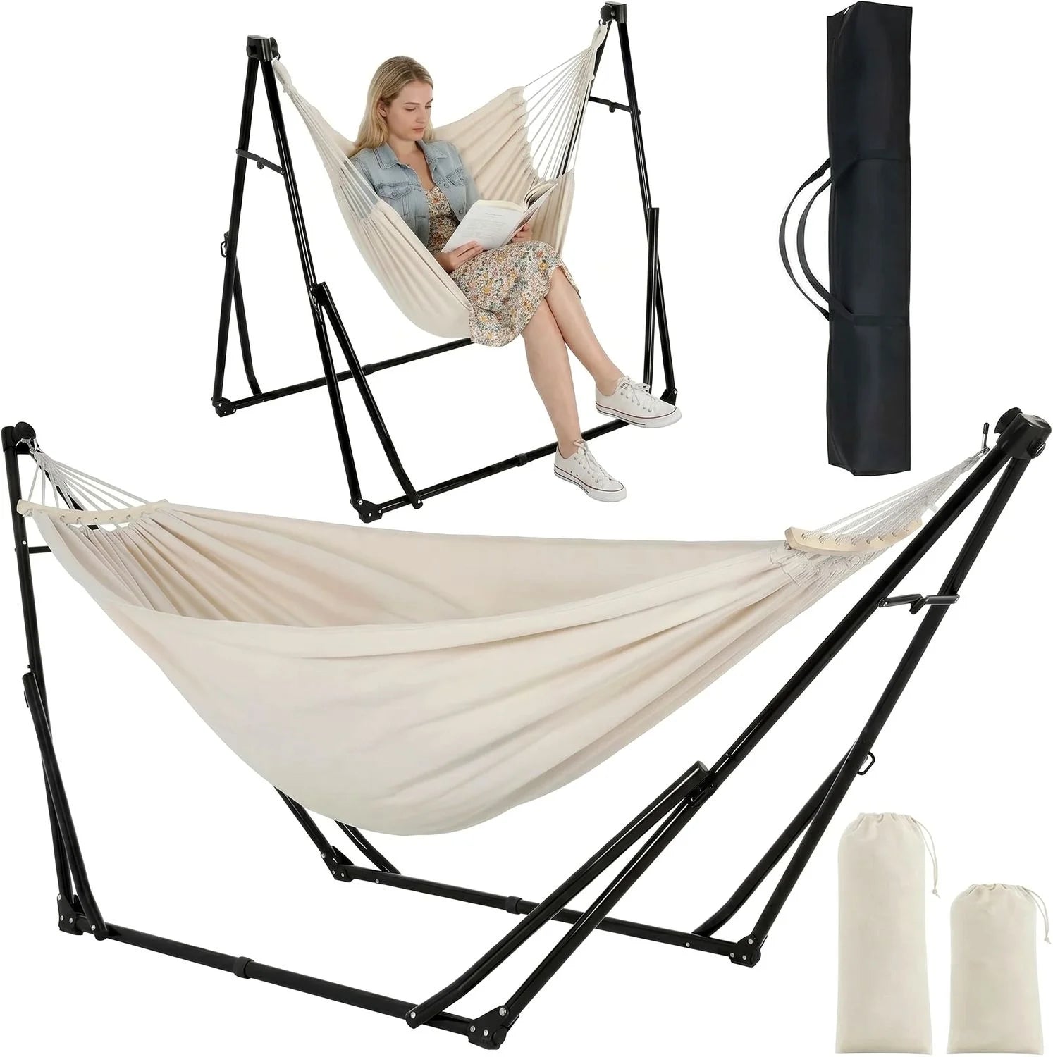 Hammock with Stand, Outdoor Hammock, Foldable, Adjustable, Sturdy, with Carry Bag, Up to 200 kg, for Garden, Balcony, Camping and Indoor Use