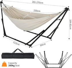 Hammock with Stand, Outdoor Hammock, Foldable, Adjustable, Sturdy, with Carry Bag, Up to 200 kg, for Garden, Balcony, Camping and Indoor Use