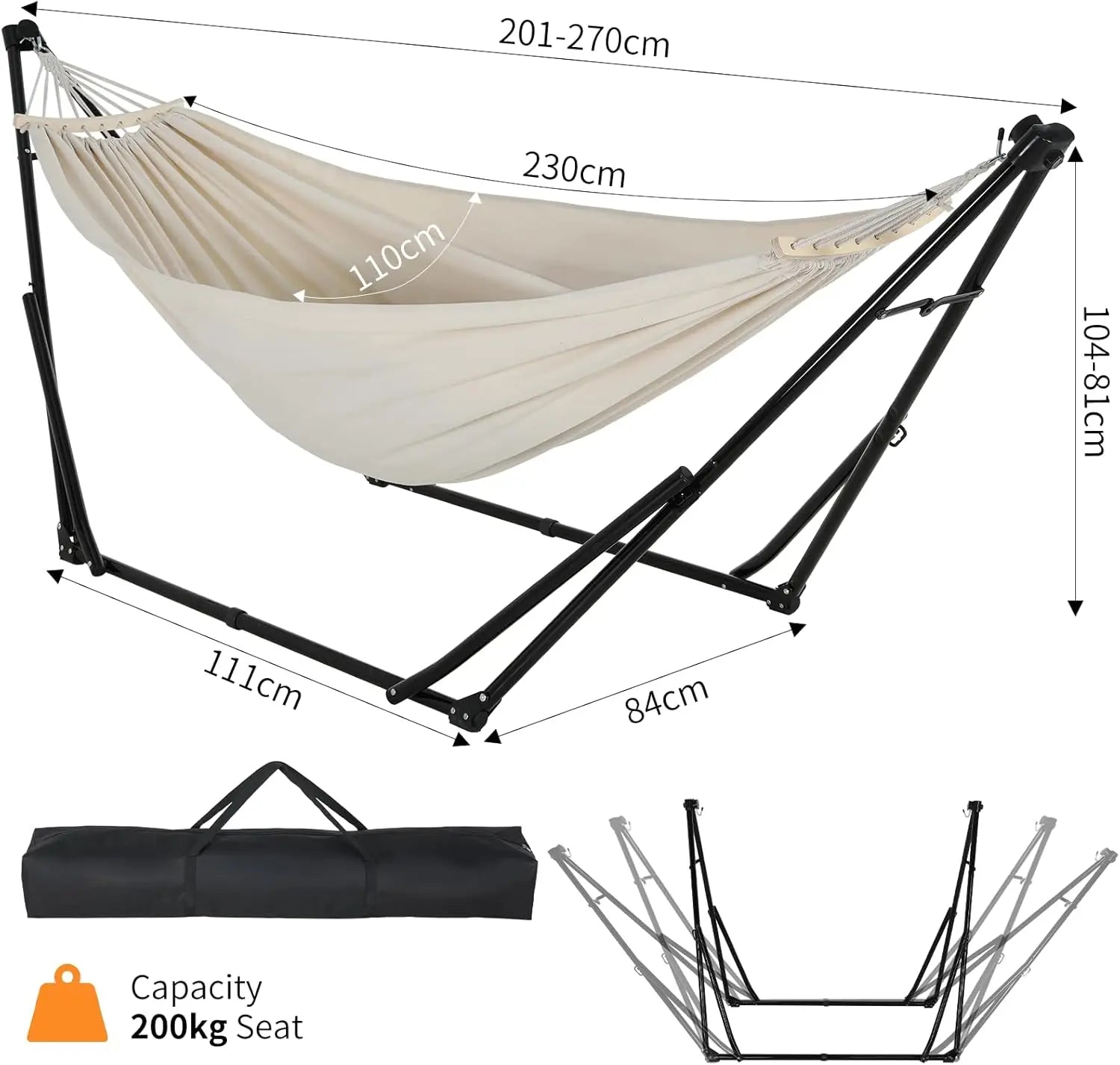 Hammock with Stand, Outdoor Hammock, Foldable, Adjustable, Sturdy, with Carry Bag, Up to 200 kg, for Garden, Balcony, Camping and Indoor Use