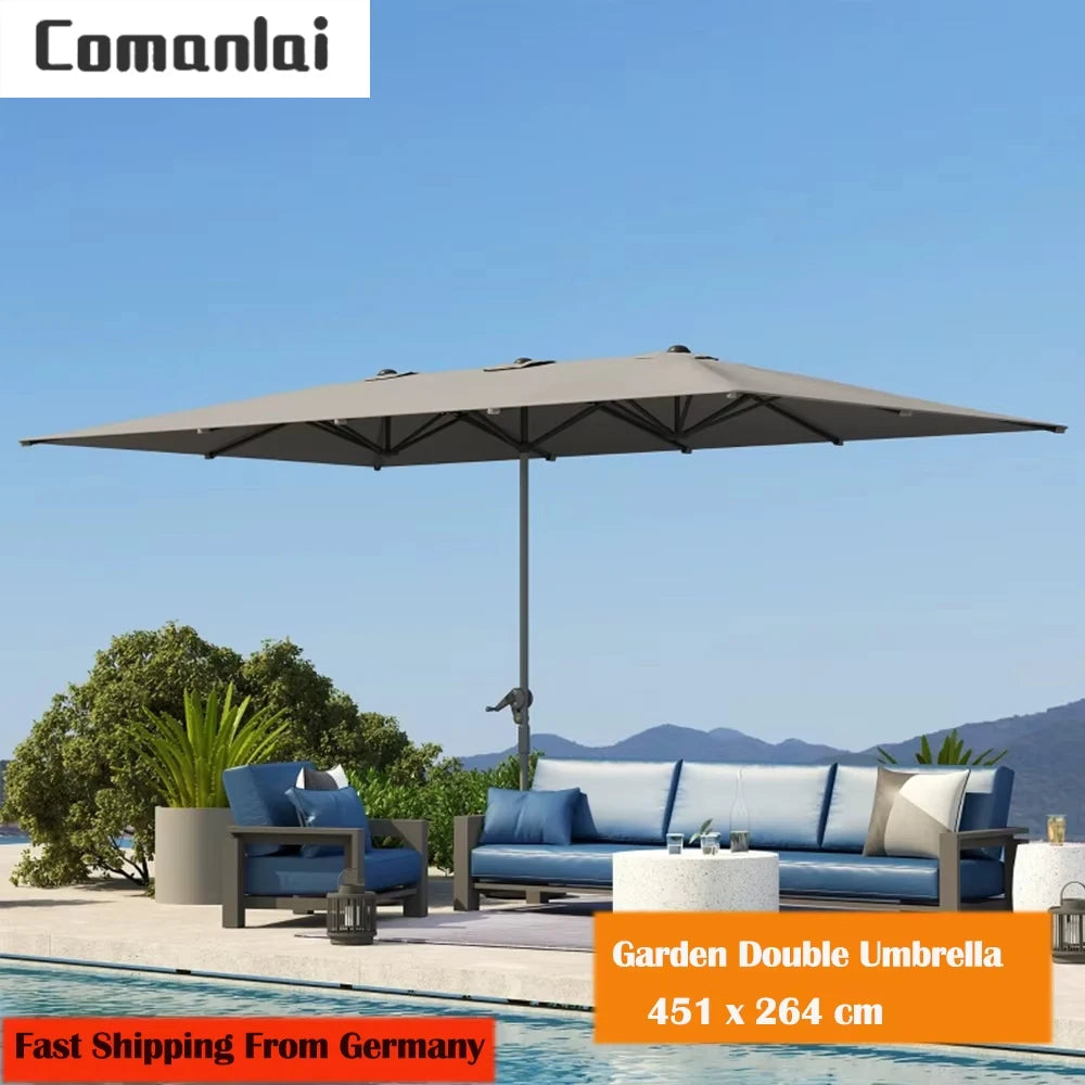 Comanlai Double Parasol with Crank, Garden Sunshade Umbrella, Balcony Parasol, UV Protection, for Balcony, Beach and Garden, 451 x 264 cm