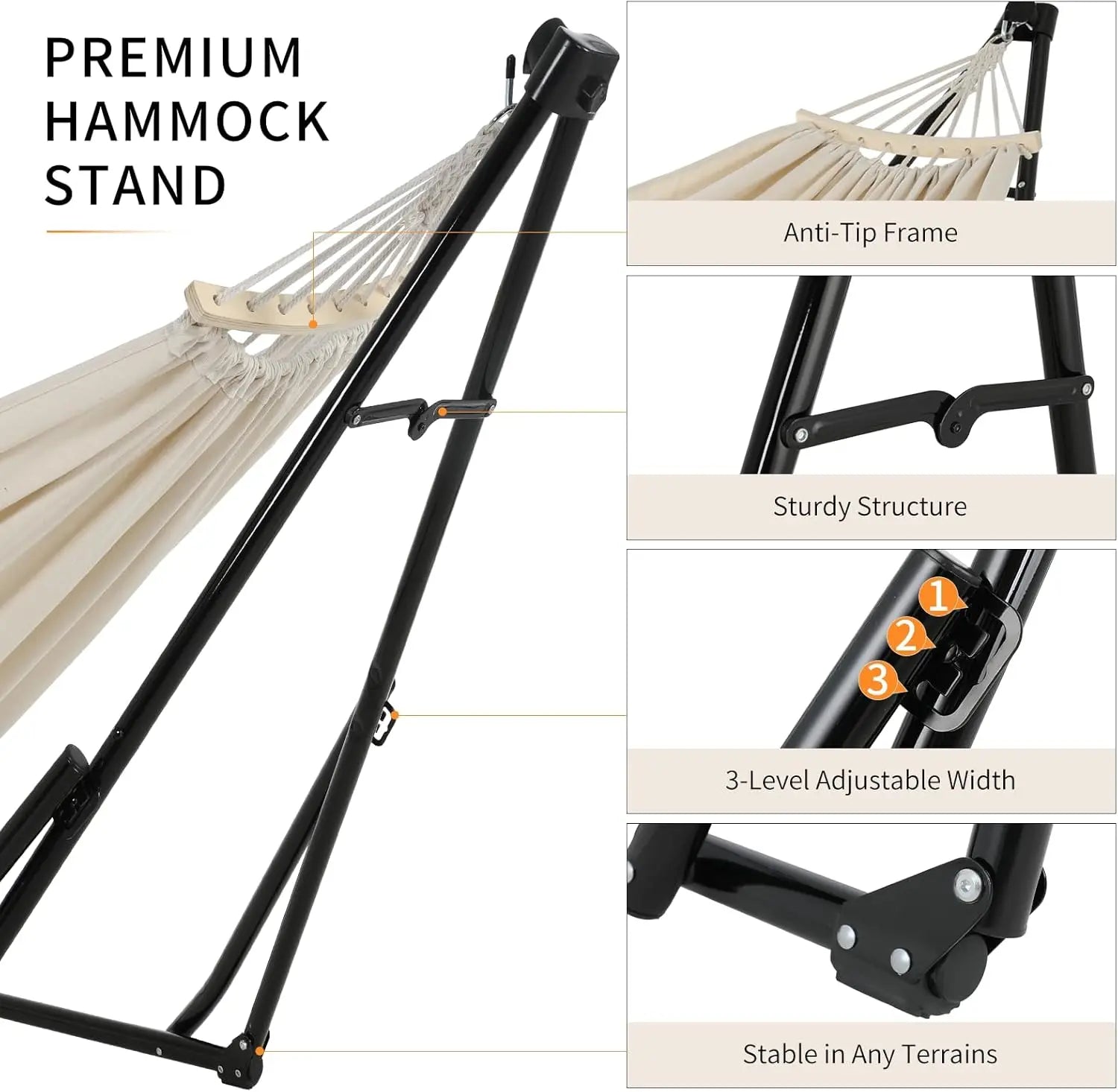 Hammock with Stand, Outdoor Hammock, Foldable, Adjustable, Sturdy, with Carry Bag, Up to 200 kg, for Garden, Balcony, Camping and Indoor Use