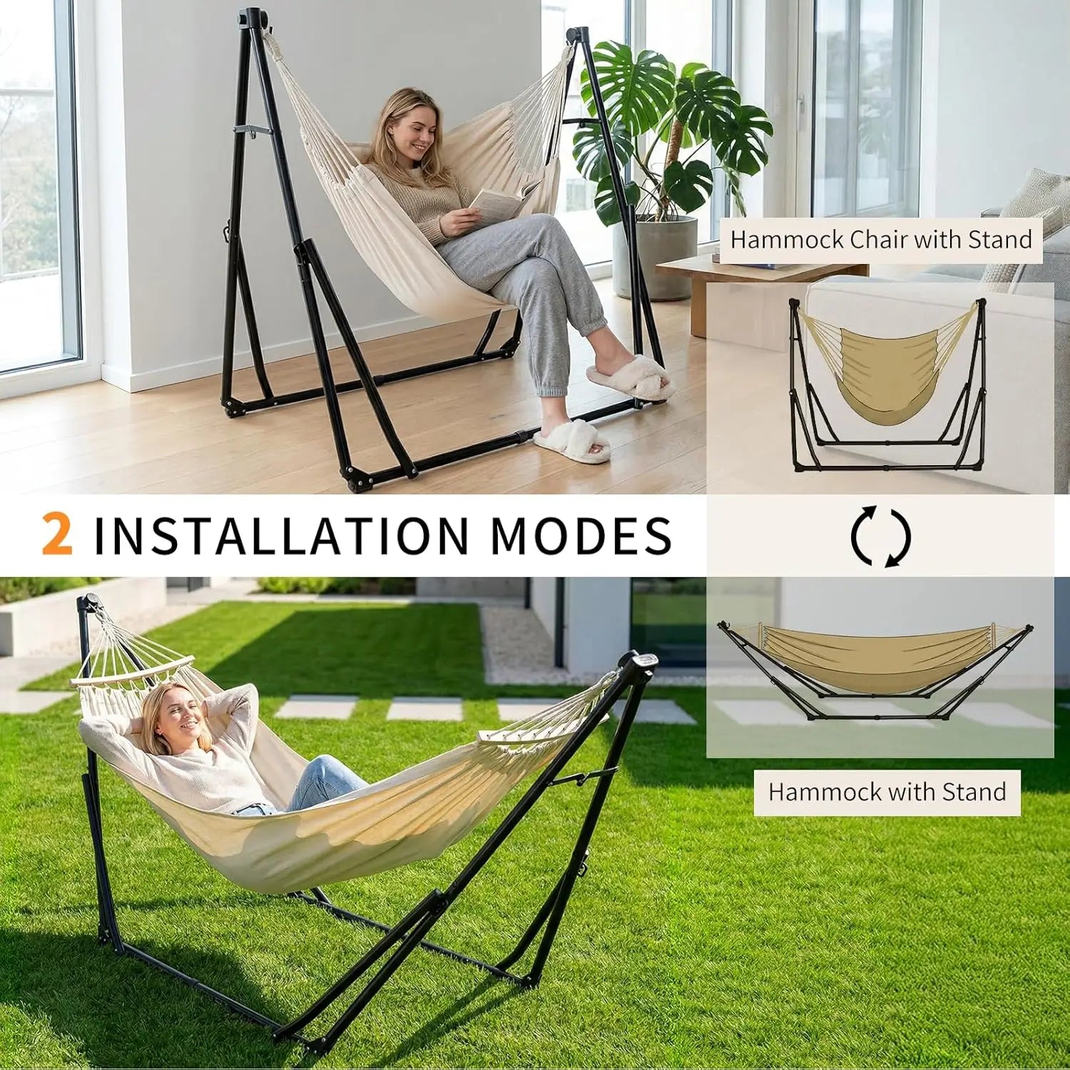 Hammock with Stand, Outdoor Hammock, Foldable, Adjustable, Sturdy, with Carry Bag, Up to 200 kg, for Garden, Balcony, Camping and Indoor Use