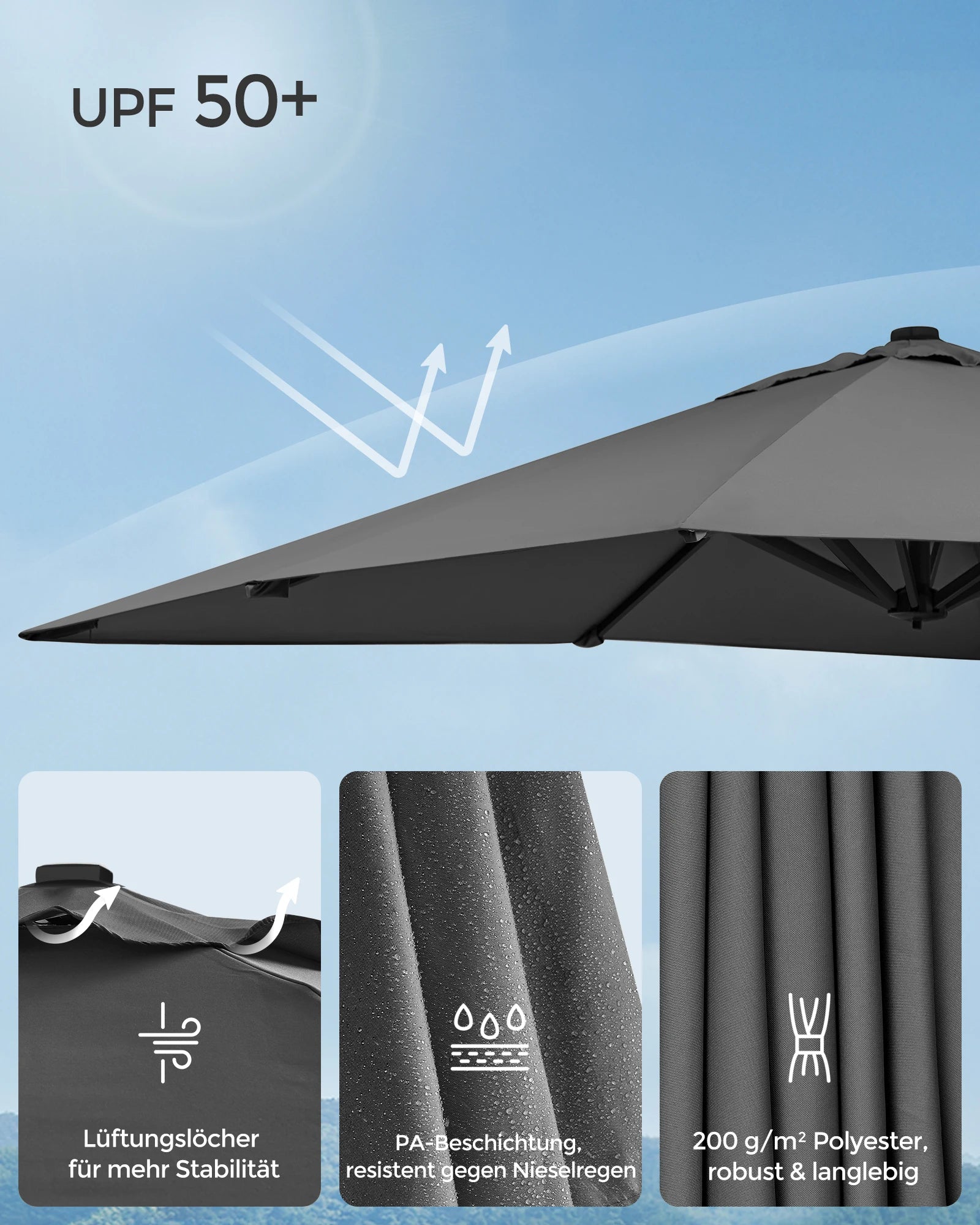 SONGMICS Parasol, 290 x 290 cm, UPF 50+, 360°, with Stand and Fastening Straps