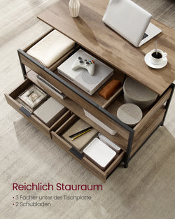 VASAGLE Coffee Table, Height-Adjustable Living Room Table with Drawers and Open Compartment, 50 x 100 x (48-63) cm