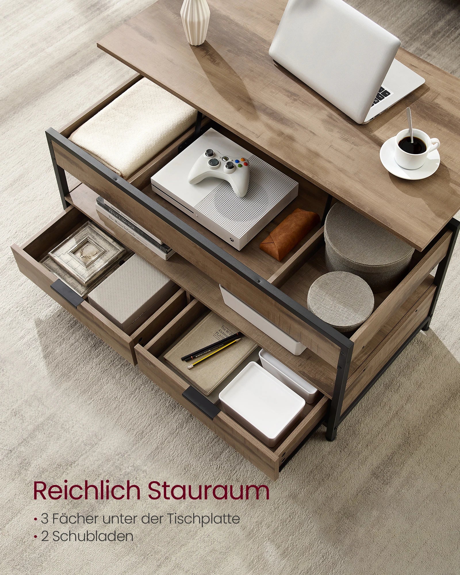 VASAGLE Coffee Table, Height-Adjustable Living Room Table with Drawers and Open Compartment, 50 x 100 x (48-63) cm