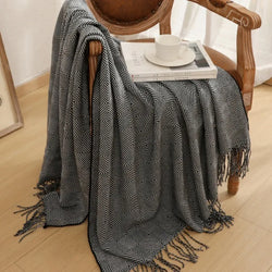 Chinese-Style Knitted Throw for Sofa or Bed, Brown Herringbone Pattern, with Tassels, Thin Summer Blanket