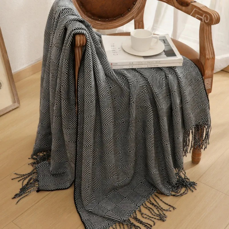 Chinese-Style Knitted Throw for Sofa or Bed, Brown Herringbone Pattern, with Tassels, Thin Summer Blanket