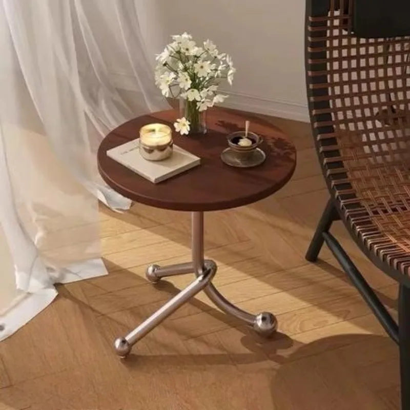 Vintage Round End Table Metal Legs Wooden Side Table Portable Corner Table Furniture for Living Room Bedroom Balcony