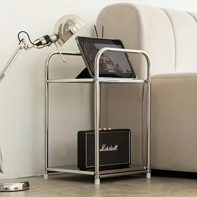 Modern Stainless Steel Side Table, Silver-Colored Bedside Table, Storage Shelf for Sofas and Kitchens, Practical Storage Unit