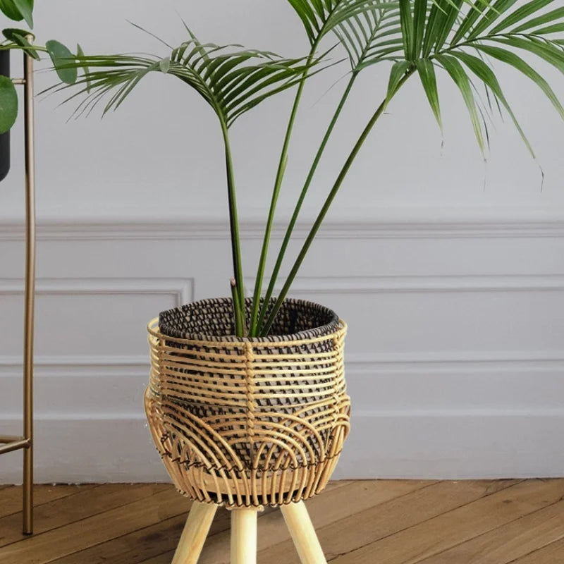 Woven Flower Pot, Faux Rattan Plant Stand, Tall Living Room Floor Shelf, Balcony Bamboo Woven Flower Basket Planter