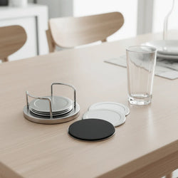 6 Pieces Durable Round Stainless Steel Coaster Silver Non-slip Heat Insulation Mat with Storage Rack Thickened Cup Mat Gift