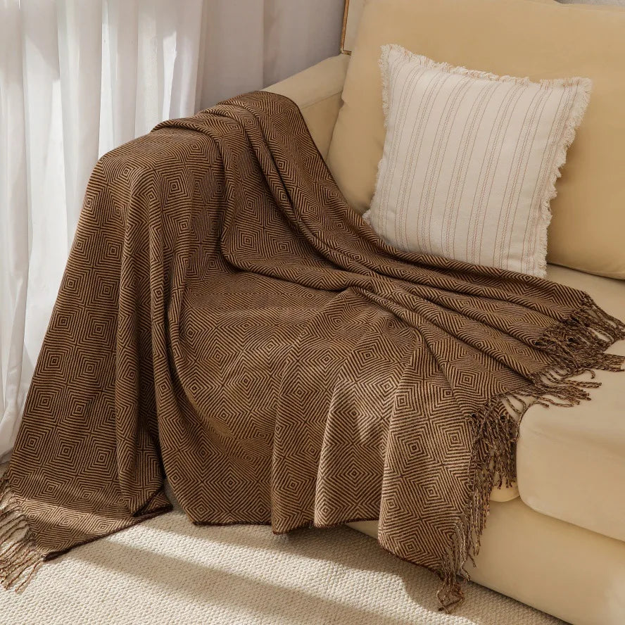 Chinese-Style Knitted Throw for Sofa or Bed, Brown Herringbone Pattern, with Tassels, Thin Summer Blanket