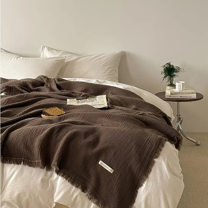 4-Layer 100% Cotton Gauze Blanket - Solid Color Sofa Throw with Tassel Trim, Multipurpose Lightweight Coverlet for Bed, Couch
