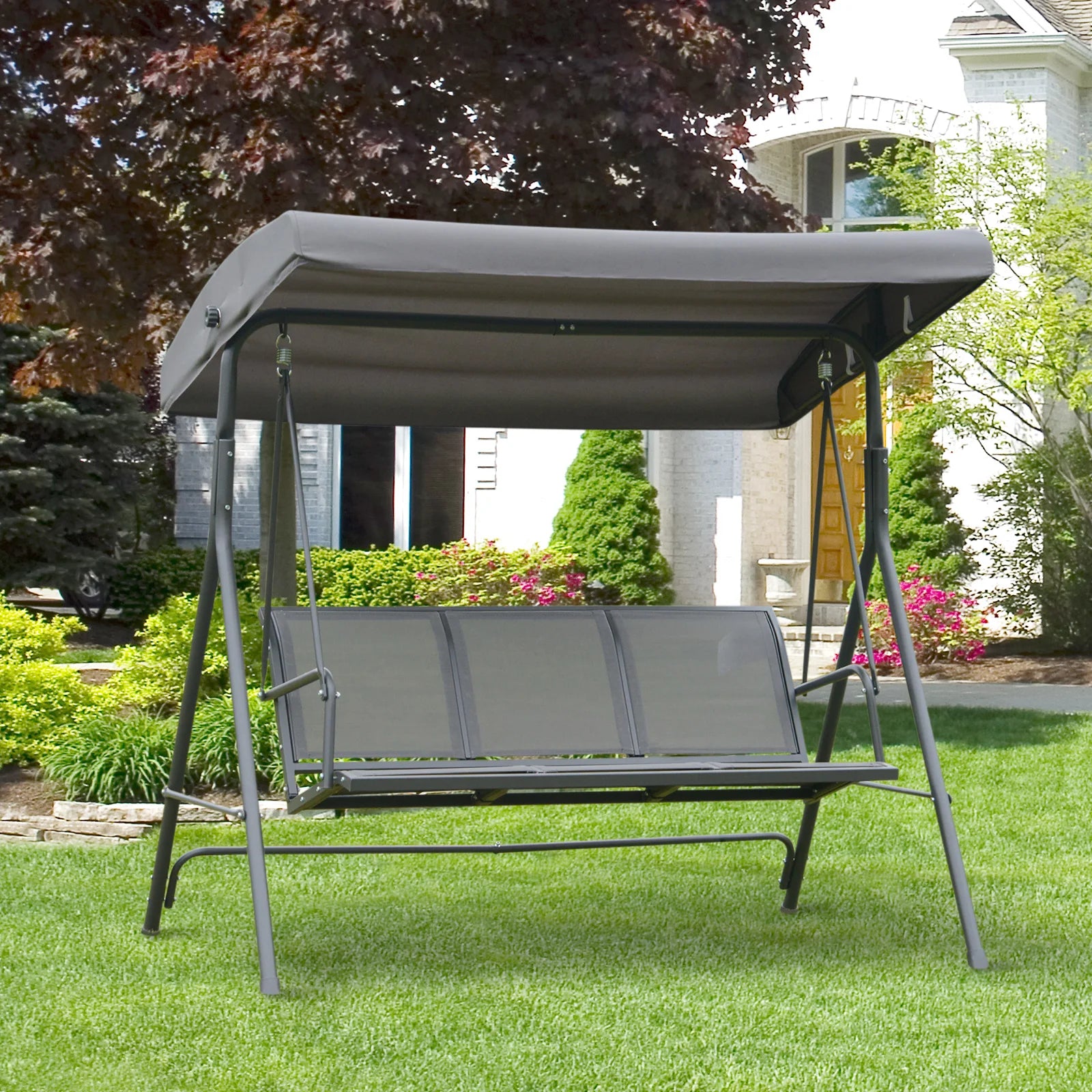 Outsunny 3-Seater Garden Swing with Canopy, Adjustable Breathable Backrest and Steel Frame, 175 x 118 x 159 cm