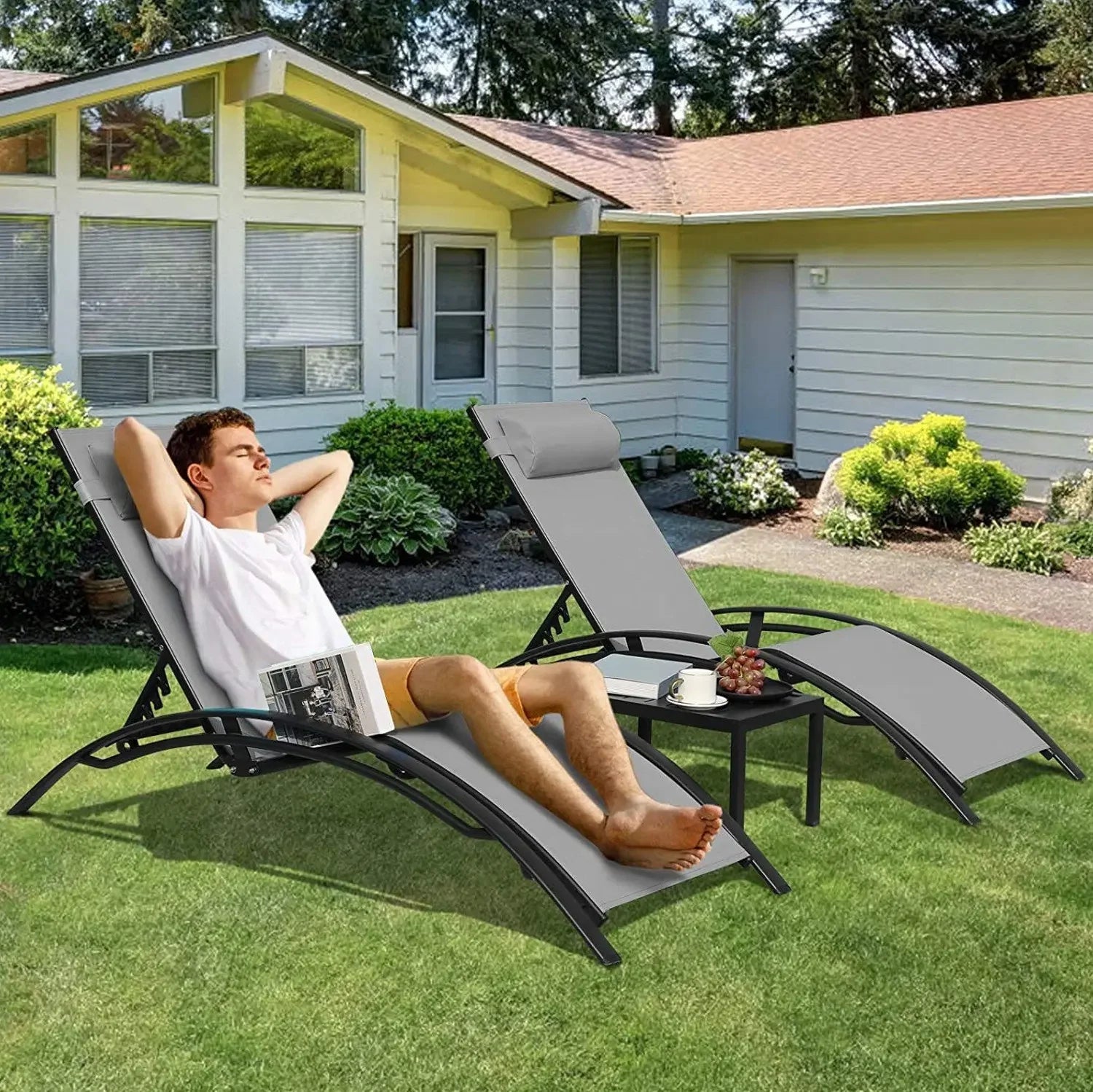 Aluminum Outdoor Lounge Chair with 5 Adjustable Positions + Table, 3-Piece Chaise Set for Pool, Garden, Beach, Camping and Backyard