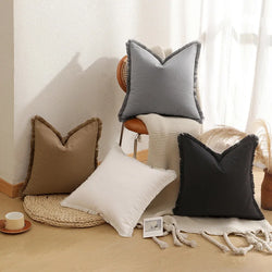 Solid Fringe Boho Cushion Cover With Tassels Soft Accent Throw Pillow Cover For Couch Sofa Bed Living Room Pillowcase Home Decor