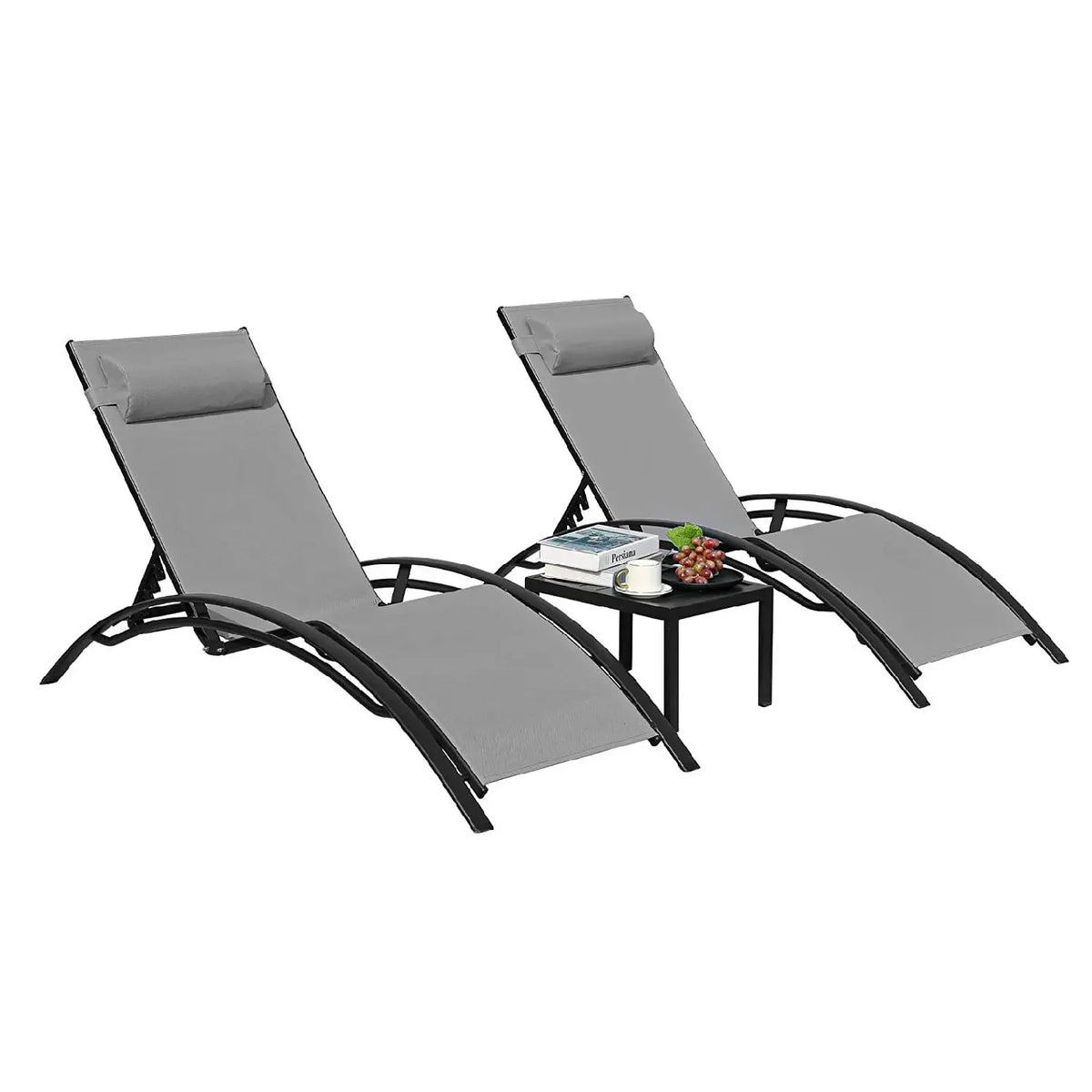 Aluminum Outdoor Lounge Chair with 5 Adjustable Positions + Table, 3-Piece Chaise Set for Pool, Garden, Beach, Camping and Backyard