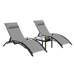 Aluminum Outdoor Lounge Chair with 5 Adjustable Positions + Table, 3-Piece Chaise Set for Pool, Garden, Beach, Camping and Backyard