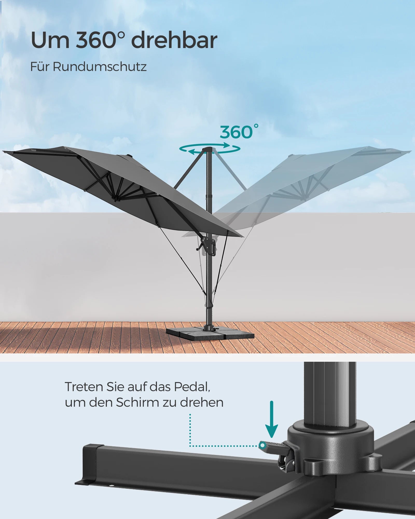 SONGMICS Parasol, 290 x 290 cm, UPF 50+, 360°, with Stand and Fastening Straps