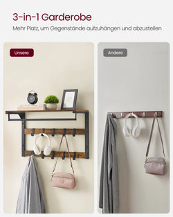 Vasagle Wall Coat Rack with Shelf, Wall Shelf with 10 Removable Hooks and Hangers, Wall-Mounted 2-Tier Coat Rack
