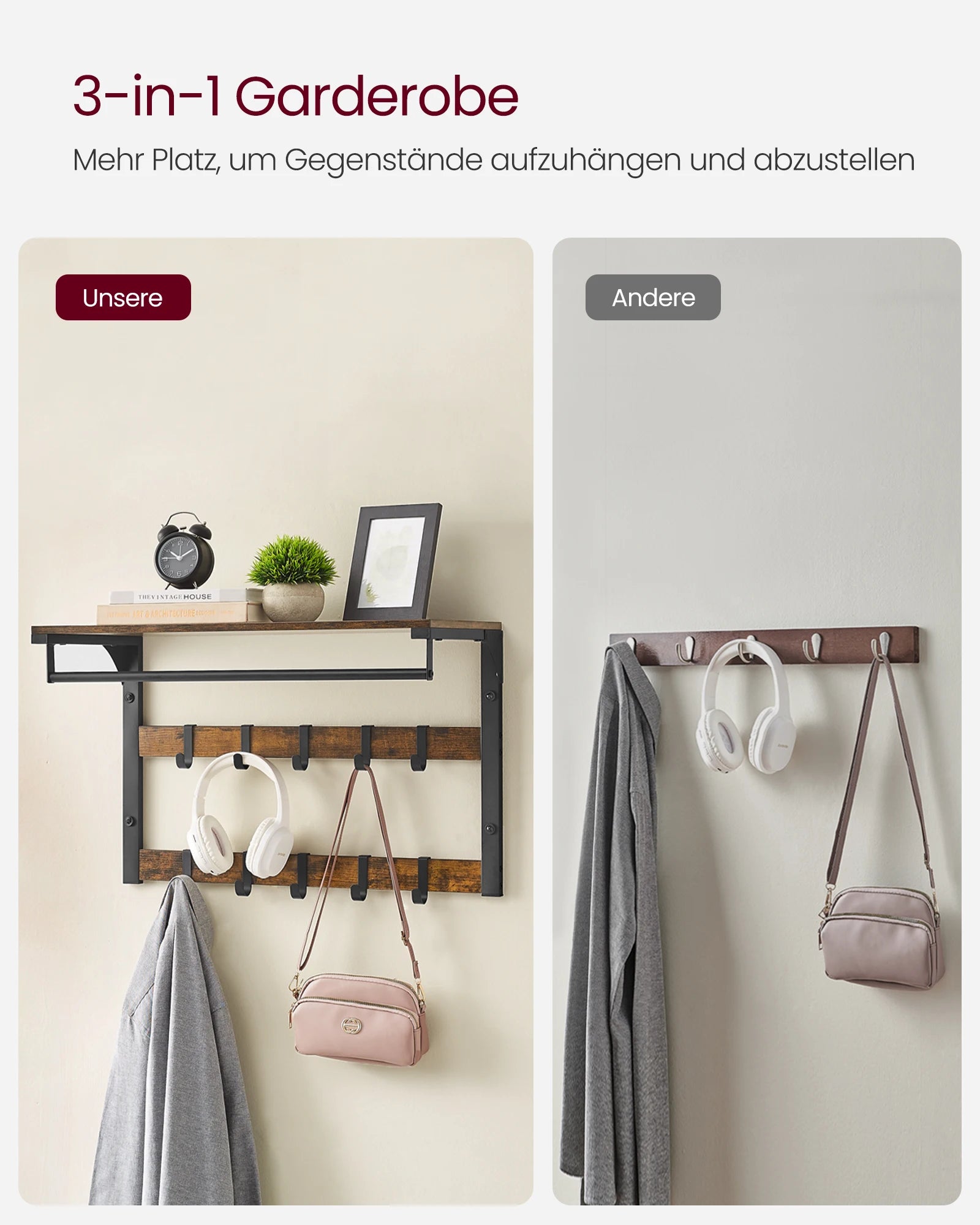 Vasagle Wall Coat Rack with Shelf, Wall Shelf with 10 Removable Hooks and Hangers, Wall-Mounted 2-Tier Coat Rack