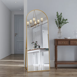 Anajqaqia Full-Length Tempered Glass Mirror, Curved Aluminum Frame, 162 x 53 cm, Adjustable Stand, Gold/Black