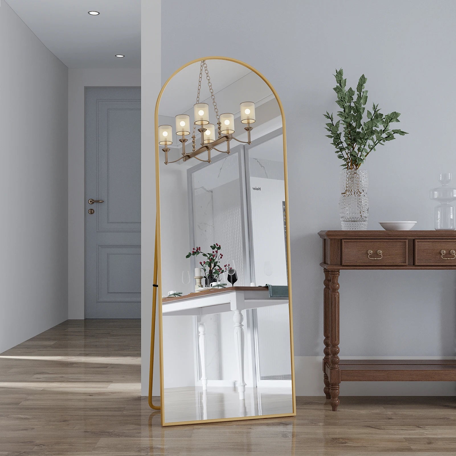 Anajqaqia Full-Length Tempered Glass Mirror, Curved Aluminum Frame, 162 x 53 cm, Adjustable Stand, Gold/Black