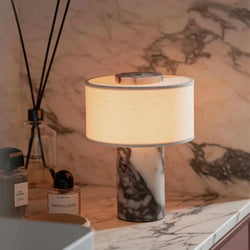 Luxury Beside Lamp Natural Marble Table Lamp Fabric Lampshade Yellow Stone Desk Lamp Living Room Bedroom