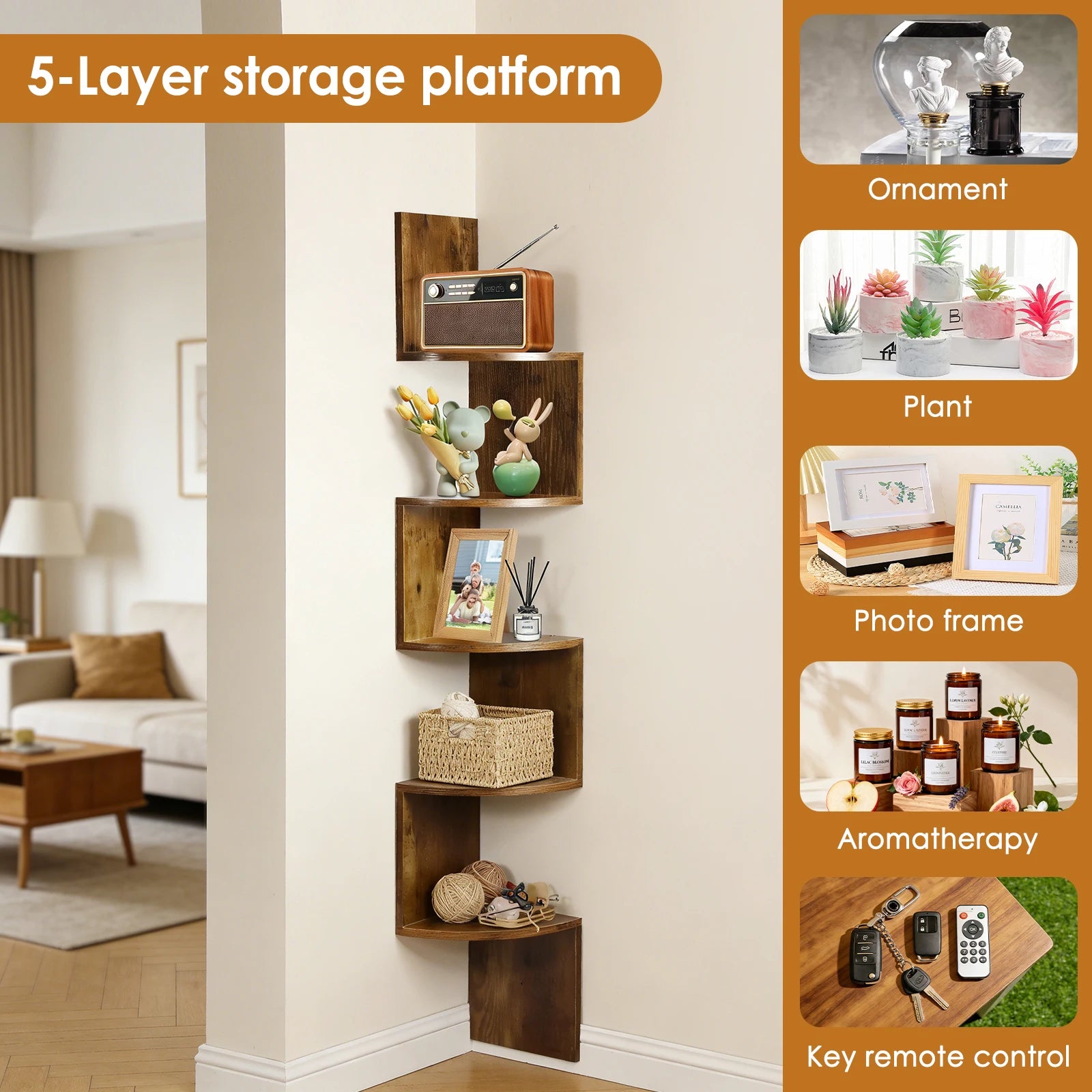 5-Tier Corner Shelf, Wall-Mounted Floating Shelves, Space-Saving Storage for Bedroom, Living Room, Bathroom and Home Office