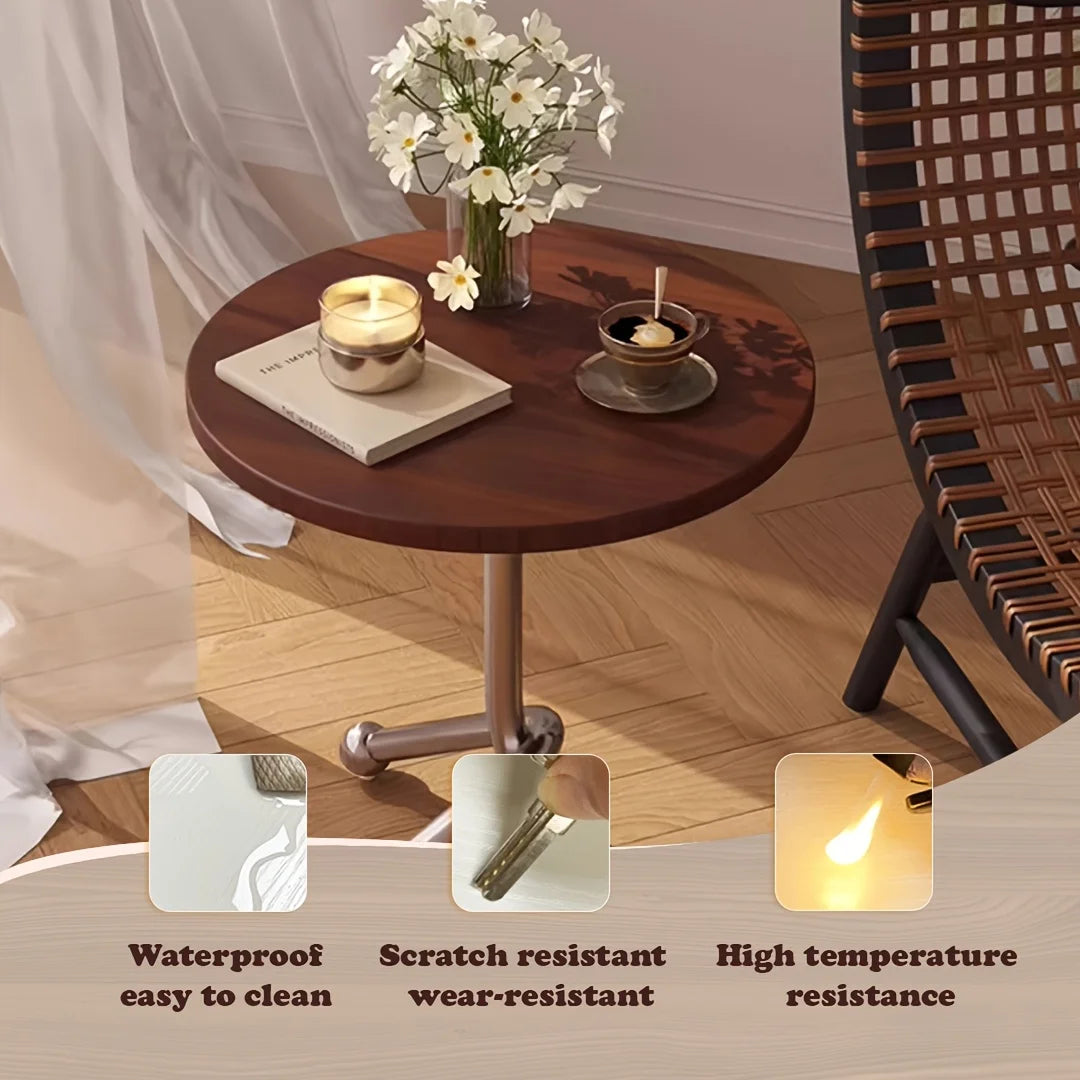 Vintage Round End Table Metal Legs Wooden Side Table Portable Corner Table Furniture for Living Room Bedroom Balcony