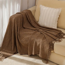 Chinese-Style Knitted Throw for Sofa or Bed, Brown Herringbone Pattern, with Tassels, Thin Summer Blanket