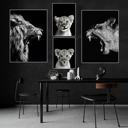 Black Background Roaring Lion Animal Posters and Prints Lion Family Canvas Painting Wall Art Pictures for Living Room Home Decor