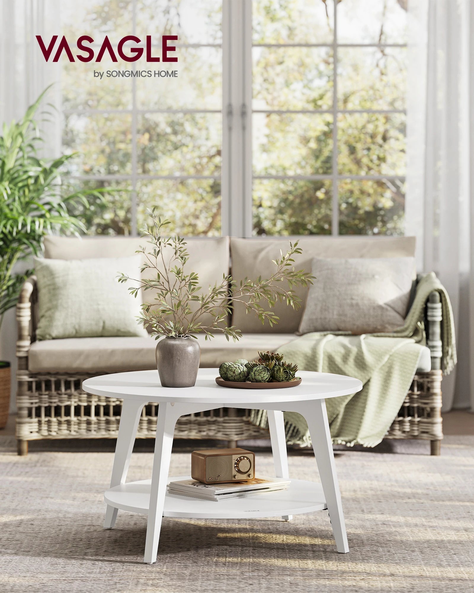 VASAGLE Coffee Table, 2-Tier Living Room Table, ∅ 80 x 45 cm, Easy to Assemble, Snow White