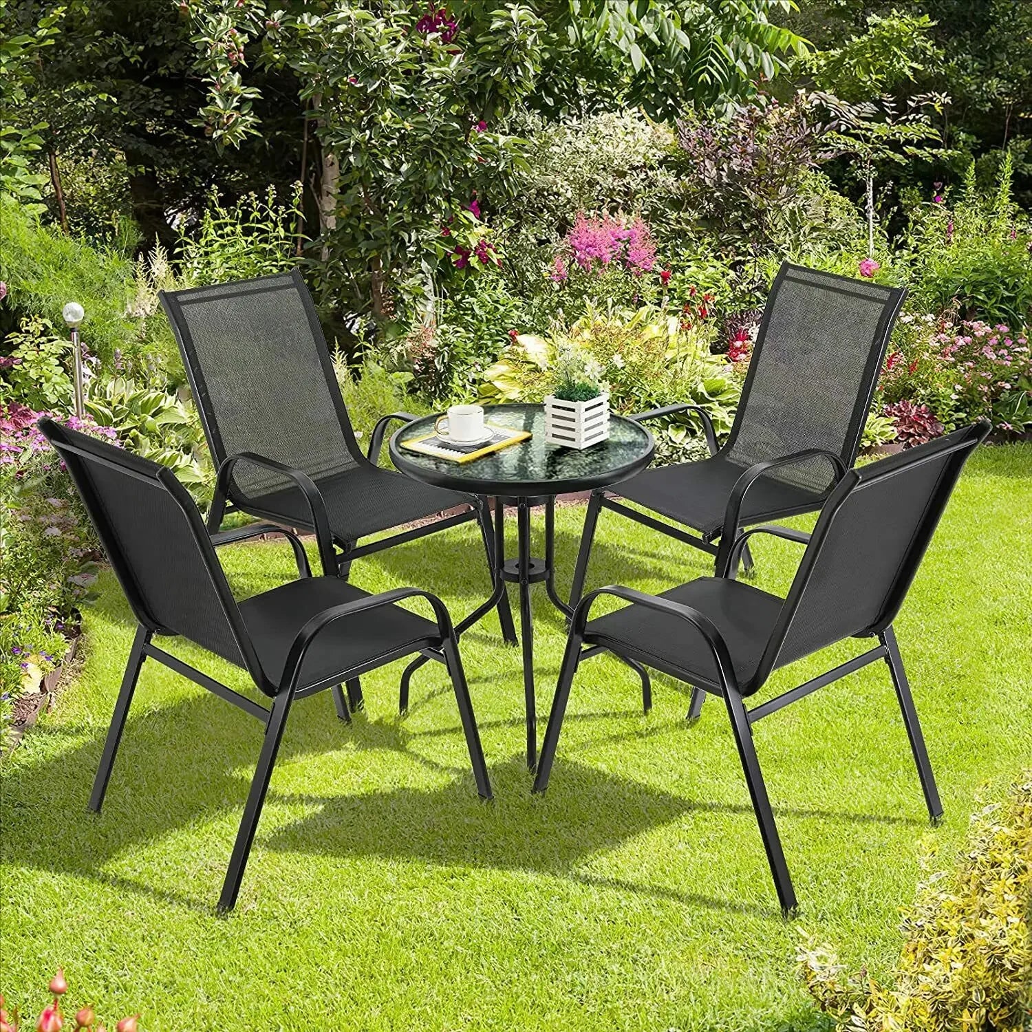 4-Piece Garden Chairs, Steel-Iron + Teslin Fabric, Foldable High Backrest Balcony/Camping Chairs, Outdoor Seating Set, Black