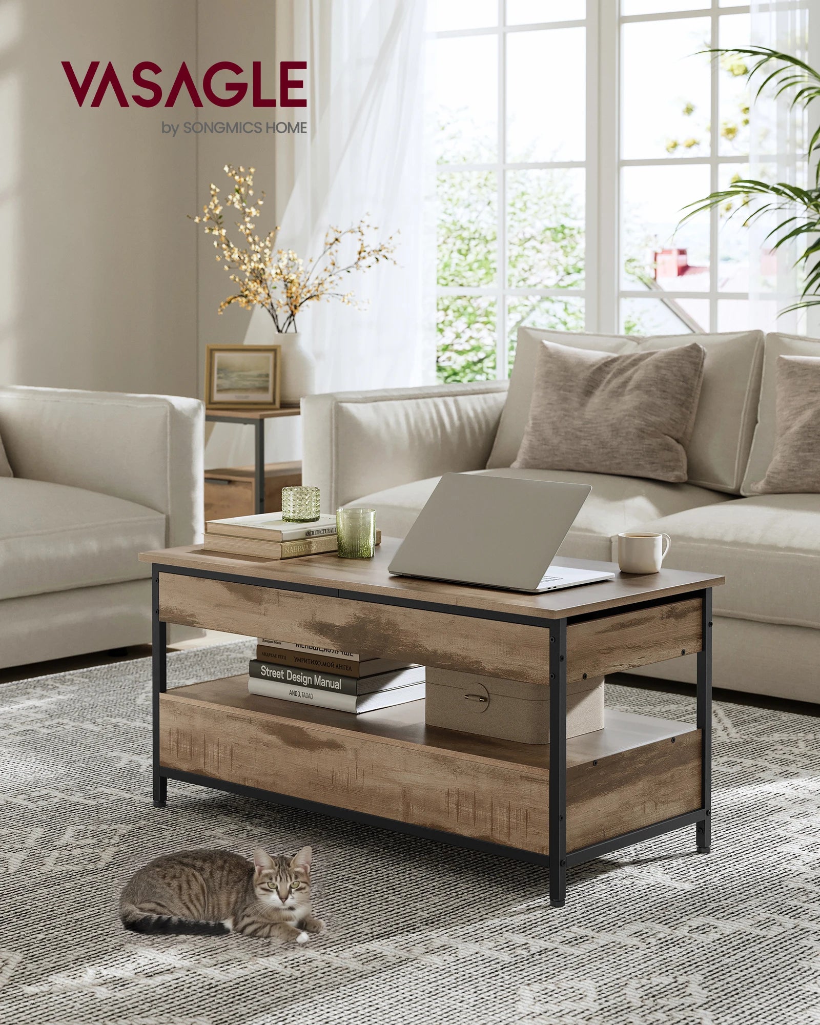 VASAGLE Coffee Table, Height-Adjustable Living Room Table with Drawers and Open Compartment, 50 x 100 x (48-63) cm