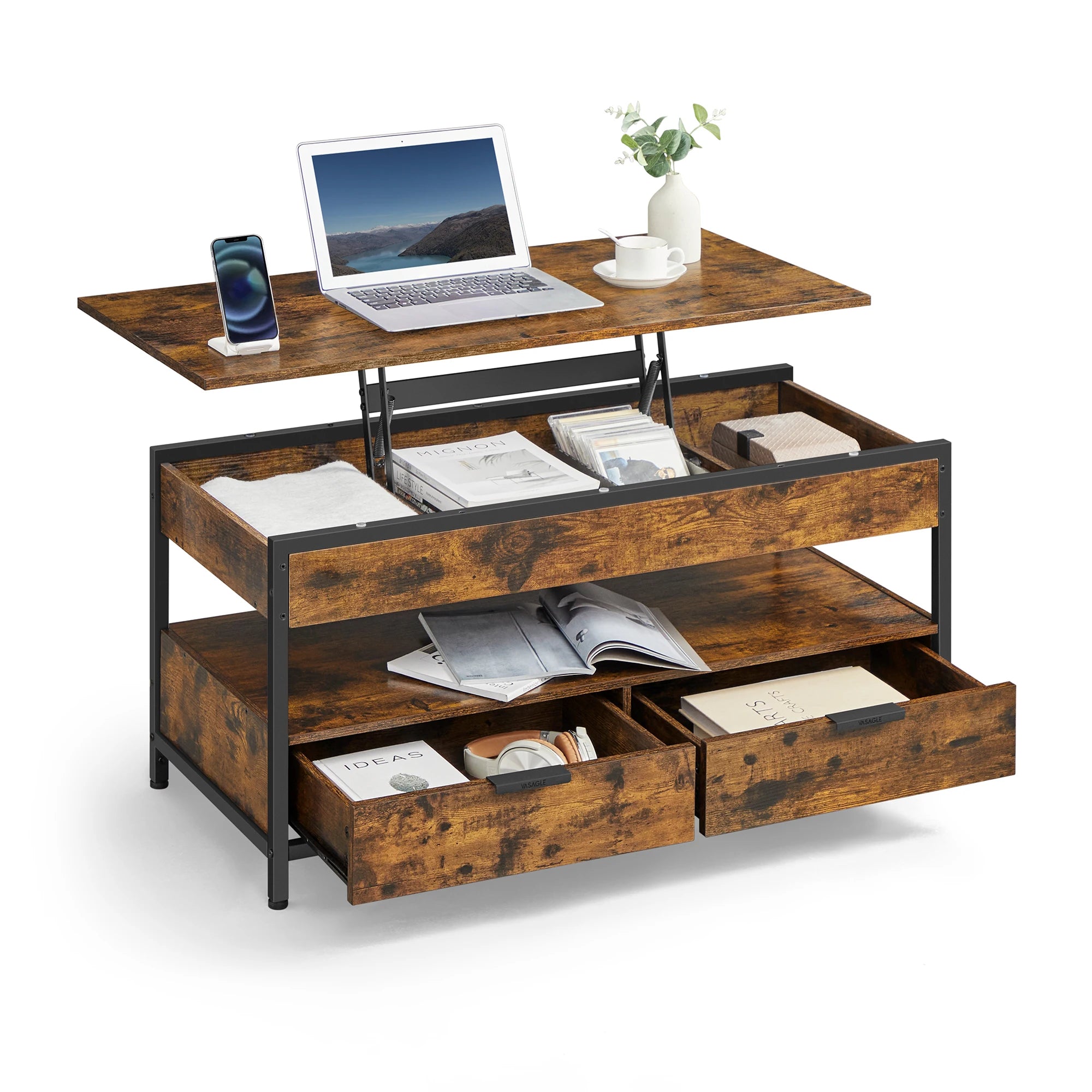 VASAGLE Coffee Table, Height-Adjustable Living Room Table with Drawers and Open Compartment, 50 x 100 x (48-63) cm