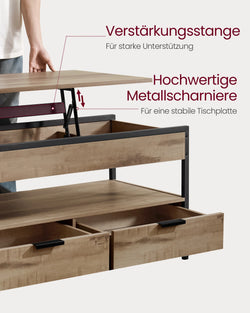 VASAGLE Coffee Table, Height-Adjustable Living Room Table with Drawers and Open Compartment, 50 x 100 x (48-63) cm