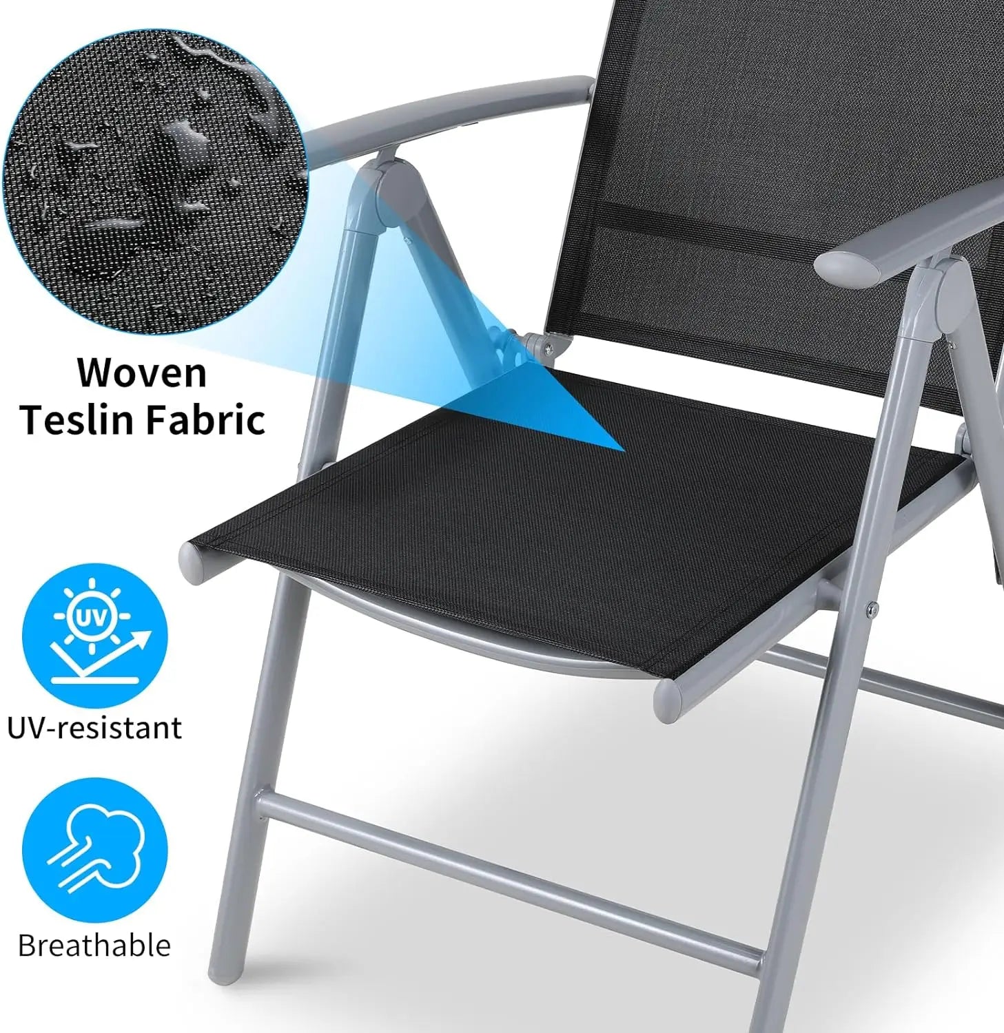 2-Piece Foldable Patio Armchairs, Folding Dining Chairs, Aluminum, Padded Adjustable High Backrest, Lightweight Garden Chair, Load 120 kg