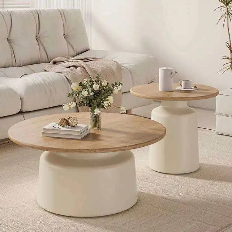 Round Scandinavian-Style Coffee Table Set, Creative Modern Wooden Top and Side Tables with White Base for the Living Room