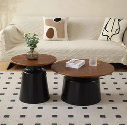 Round Scandinavian-Style Coffee Table Set, Creative Modern Wooden Top and Side Tables with White Base for the Living Room