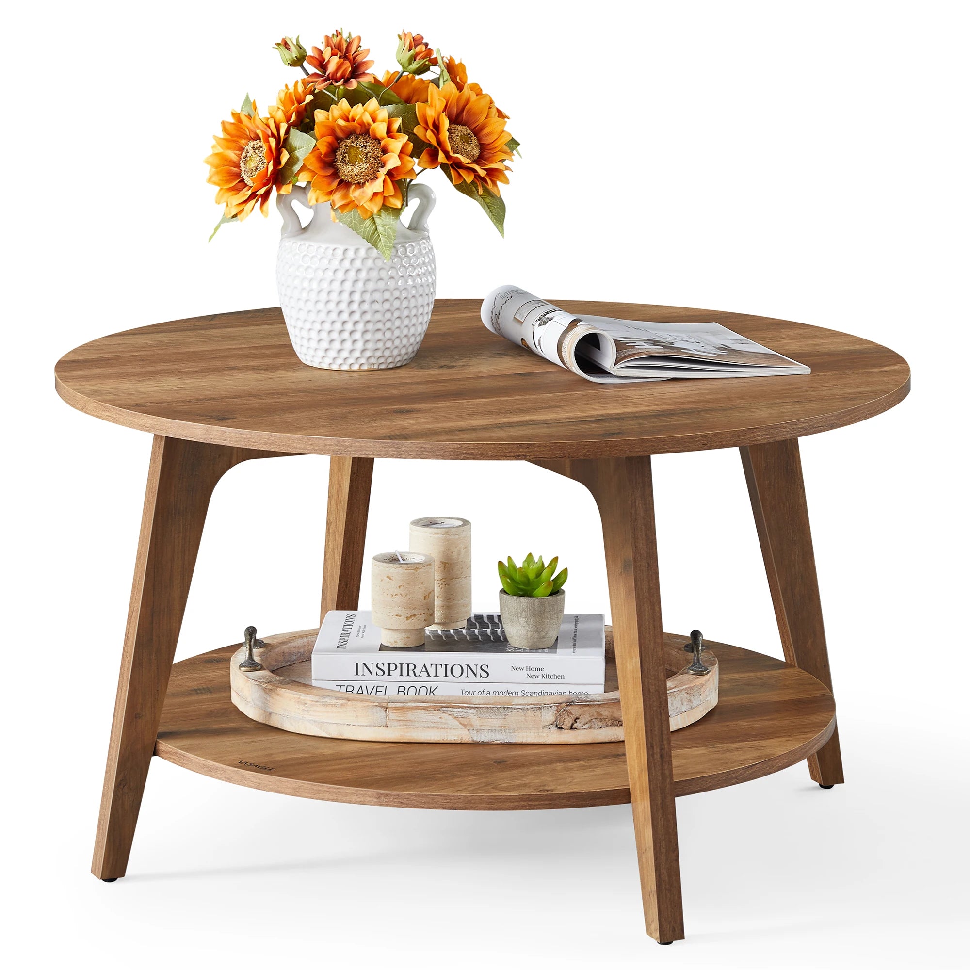 VASAGLE Coffee Table, 2-Tier Living Room Table, ∅ 80 x 45 cm, Easy to Assemble, Snow White