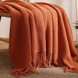 1pc Morandi Orange Tassel Knitted Blanket, Soft Warm Throw Blanket Nap Blanket for Couch Sofa Camping Travelling
