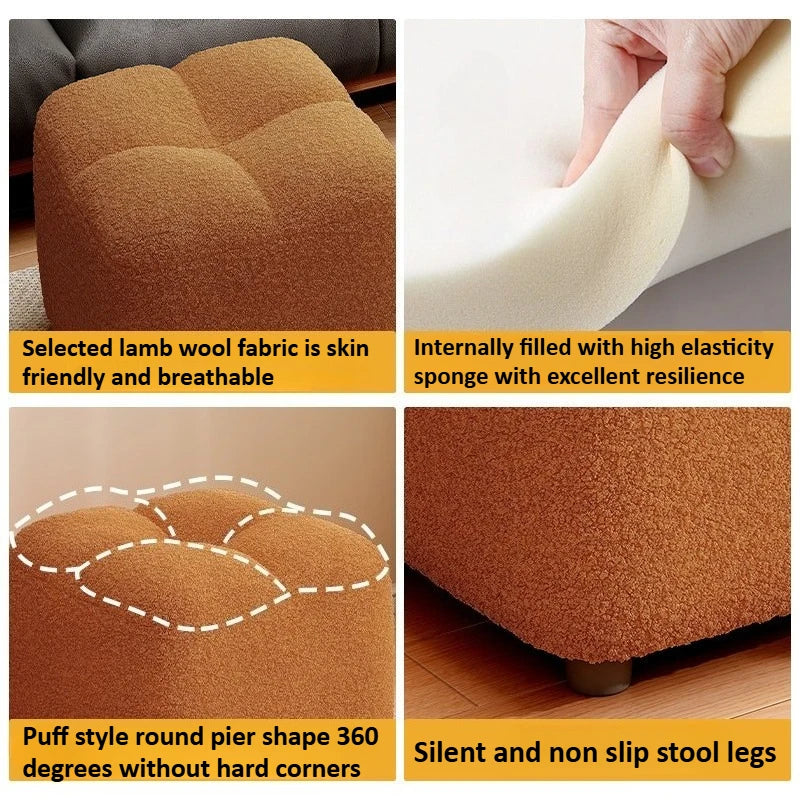 Lambs Wool Small Pouf Stool - Plush Sitting Cushion for Sofa, Living Room & Entryway, Soft Footrest & Shoe Changing Stool