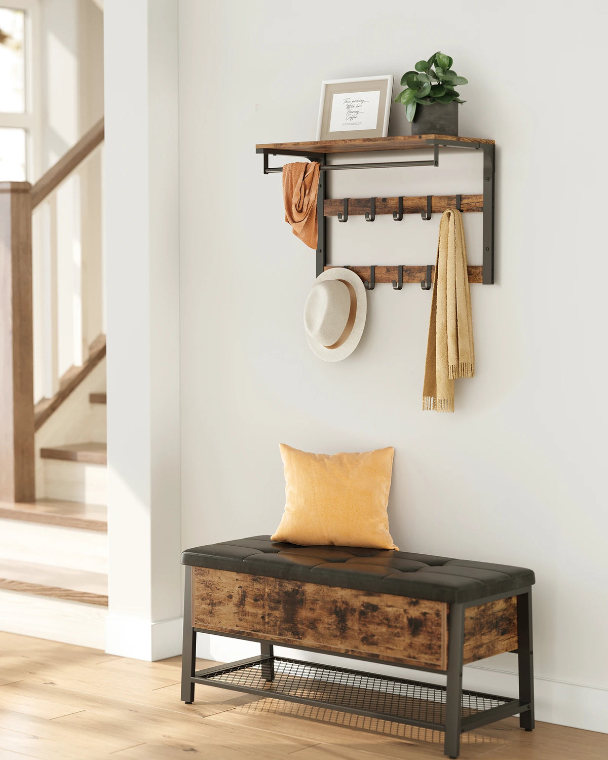 Vasagle Wall Coat Rack with Shelf, Wall Shelf with 10 Removable Hooks and Hangers, Wall-Mounted 2-Tier Coat Rack