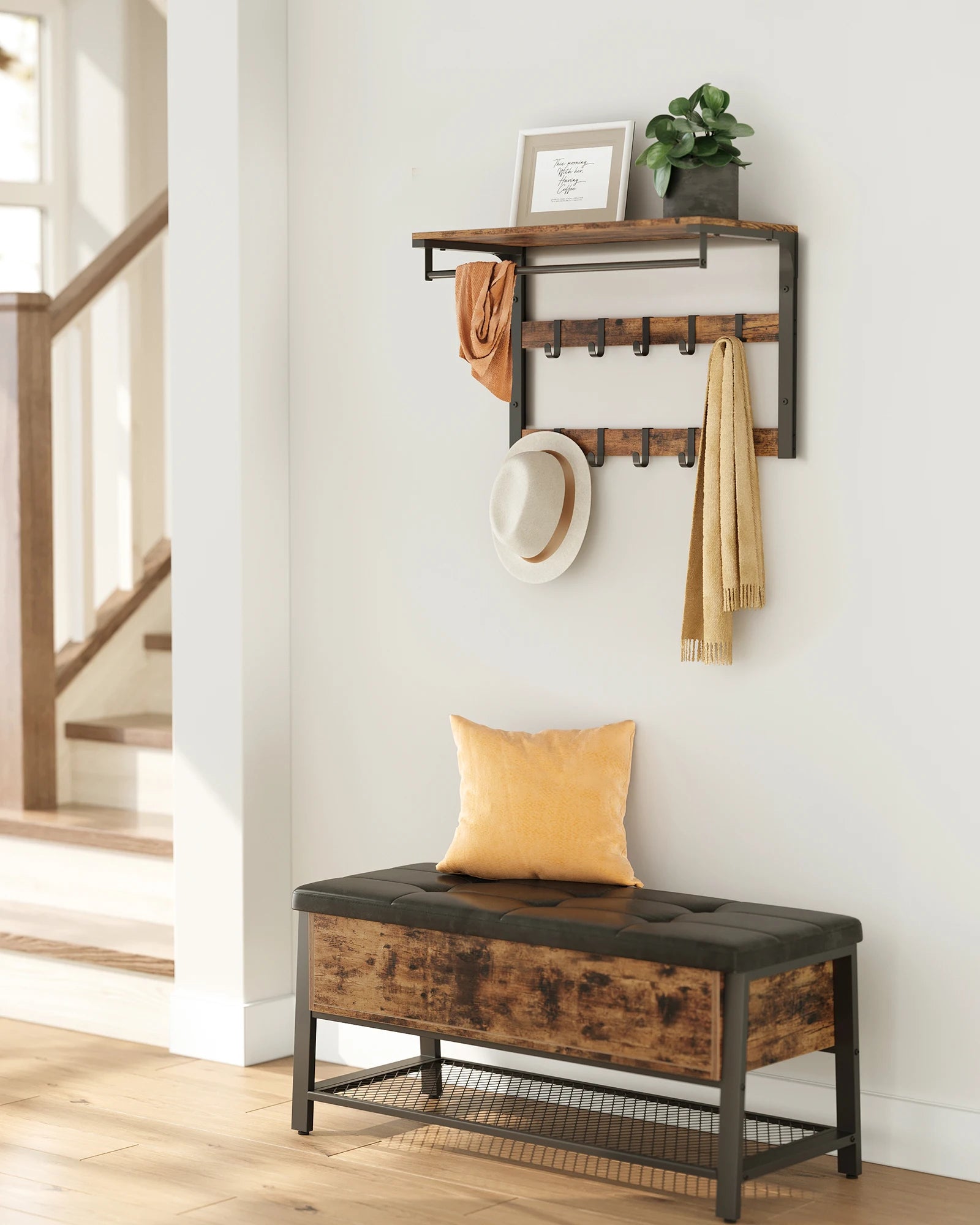 Vasagle Wall Coat Rack with Shelf, Wall Shelf with 10 Removable Hooks and Hangers, Wall-Mounted 2-Tier Coat Rack