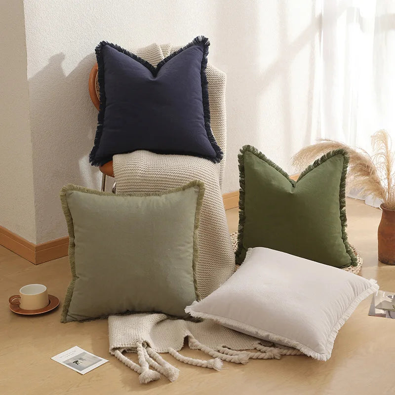 Solid Fringe Boho Cushion Cover With Tassels Soft Accent Throw Pillow Cover For Couch Sofa Bed Living Room Pillowcase Home Decor