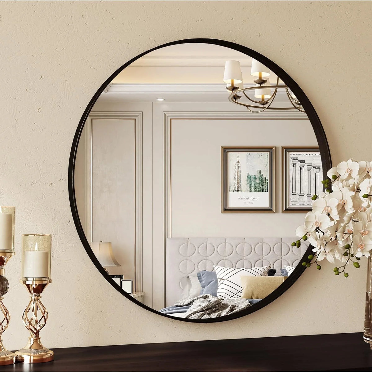 Round Bathroom Mirror 60 x 60 / 80 x 80 cm, Wall Mirror with Black Brushed Metal Frame for Bathroom, Bedroom and Entryway Wall Decor