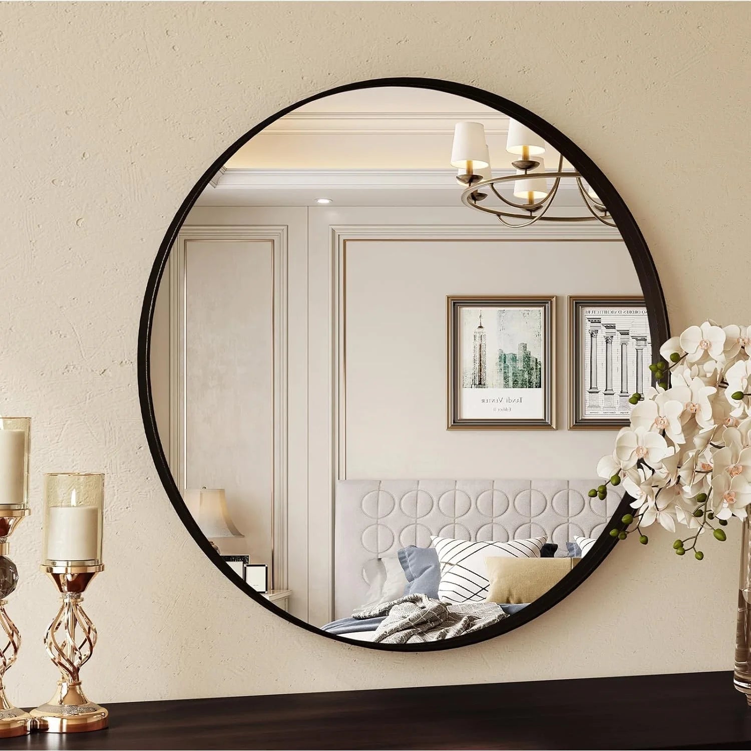 Round Bathroom Mirror 60 x 60 / 80 x 80 cm, Wall Mirror with Black Brushed Metal Frame for Bathroom, Bedroom and Entryway Wall Decor