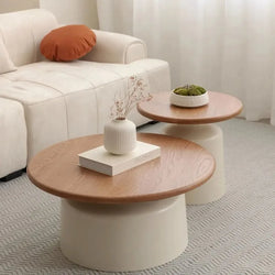 Modern Minimalist Nested Coffee Table， Wooden Top with Creamy Base, Round Accent Table for Living Room Home Decor