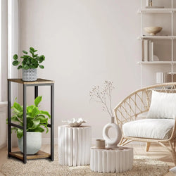 2-Tier Metal Plant Stand, Modern Wooden Corner Flower Pot Holder, Indoor Square Shelf Display Rack